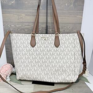 Michael Kors Large Monogram Tote Vanilla and Acorn Snap Out Pouches Crossbody